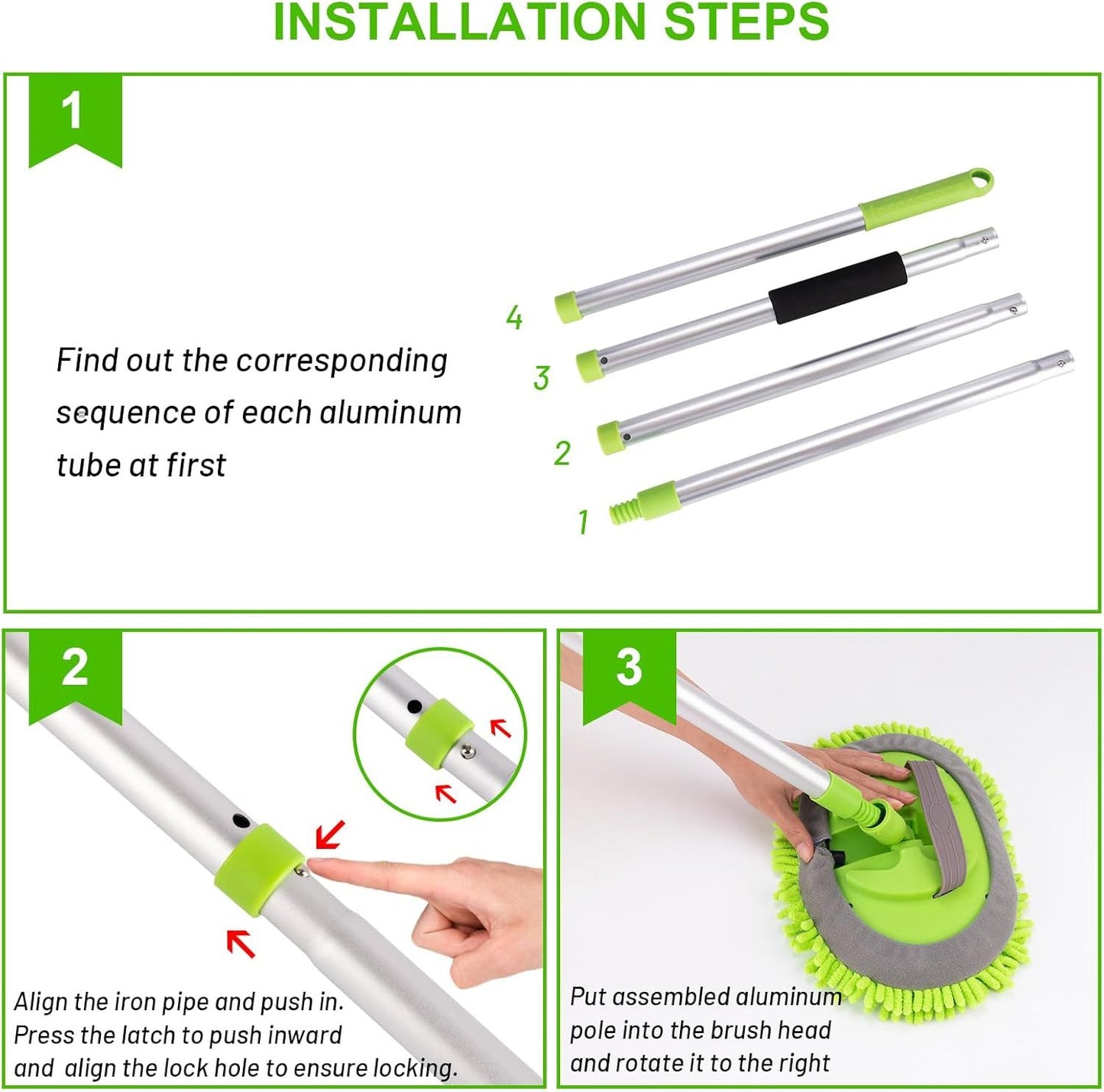 Telescopic Car Cleaning Mop with 4-Section Aluminum Pole, Rotating Microfiber Head, Anti-Slip Grip, V1107-CS-QCXCTBL