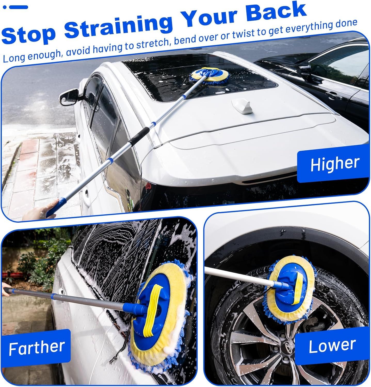 Telescopic Car Cleaning Mop with 4-Section Aluminum Pole, Rotating Microfiber Head, Anti-Slip Grip, V1107-CS-QCXCTBLA