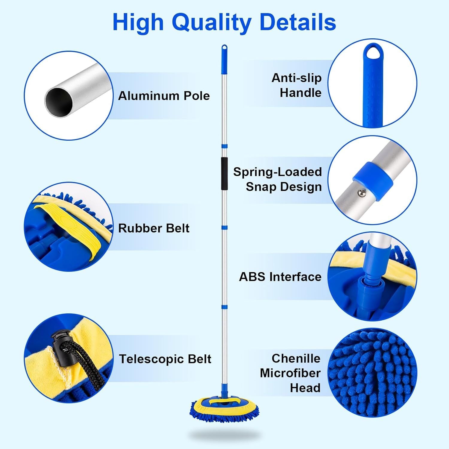 Telescopic Car Cleaning Mop with 4-Section Aluminum Pole, Rotating Microfiber Head, Anti-Slip Grip, V1107-CS-QCXCTBLA