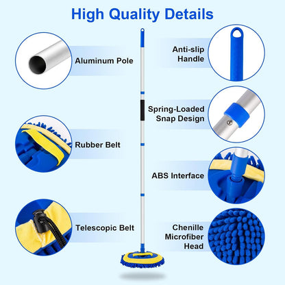 Telescopic Car Cleaning Mop with 4-Section Aluminum Pole, Rotating Microfiber Head, Anti-Slip Grip, V1107-CS-QCXCTBLA