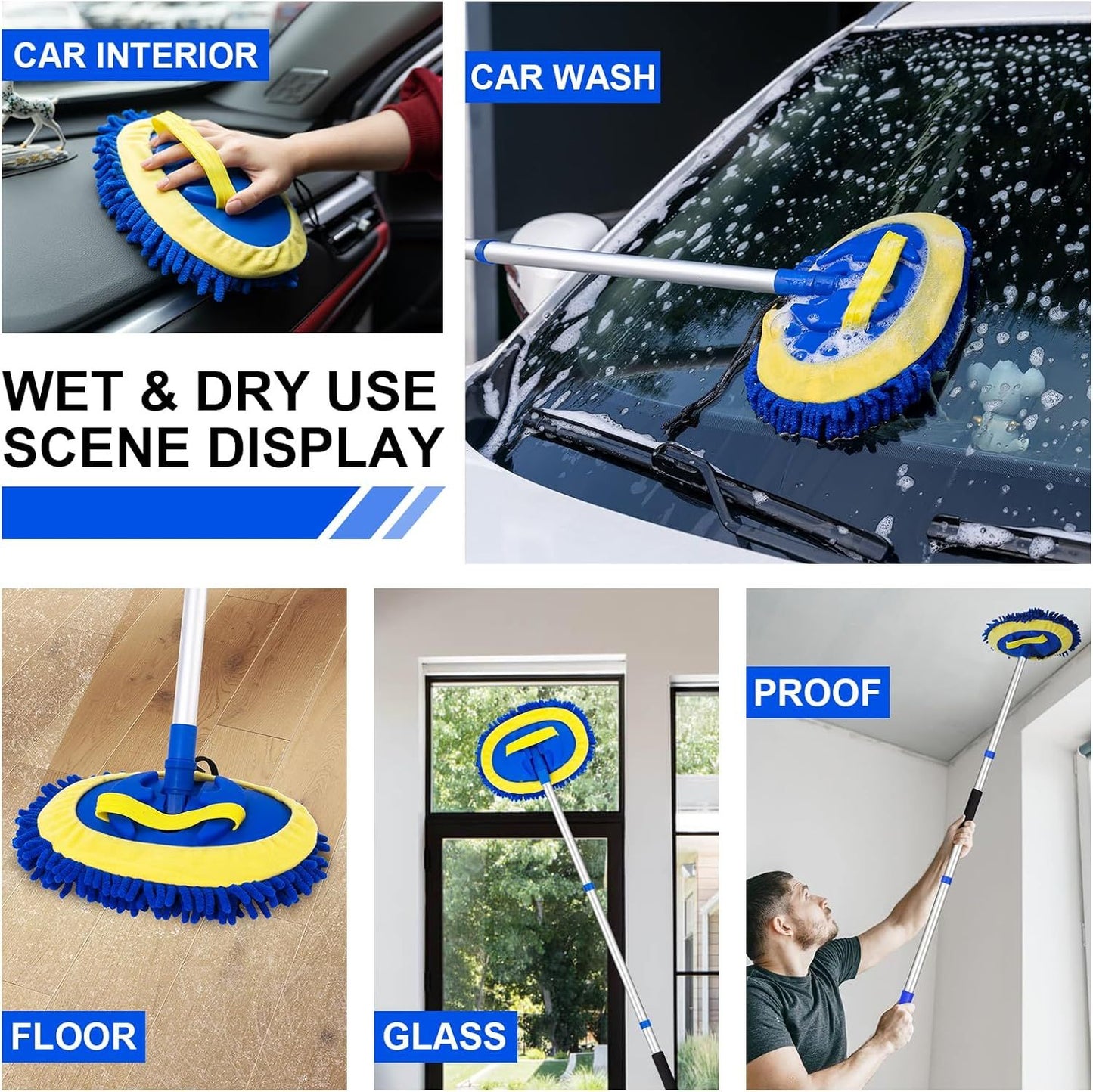 Telescopic Car Cleaning Mop with 4-Section Aluminum Pole, Rotating Microfiber Head, Anti-Slip Grip, V1107-CS-QCXCTBLA