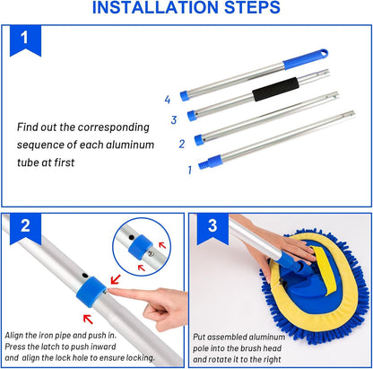 Telescopic Car Cleaning Mop with 4-Section Aluminum Pole, Rotating Microfiber Head, Anti-Slip Grip, V1107-CS-QCXCTBLA