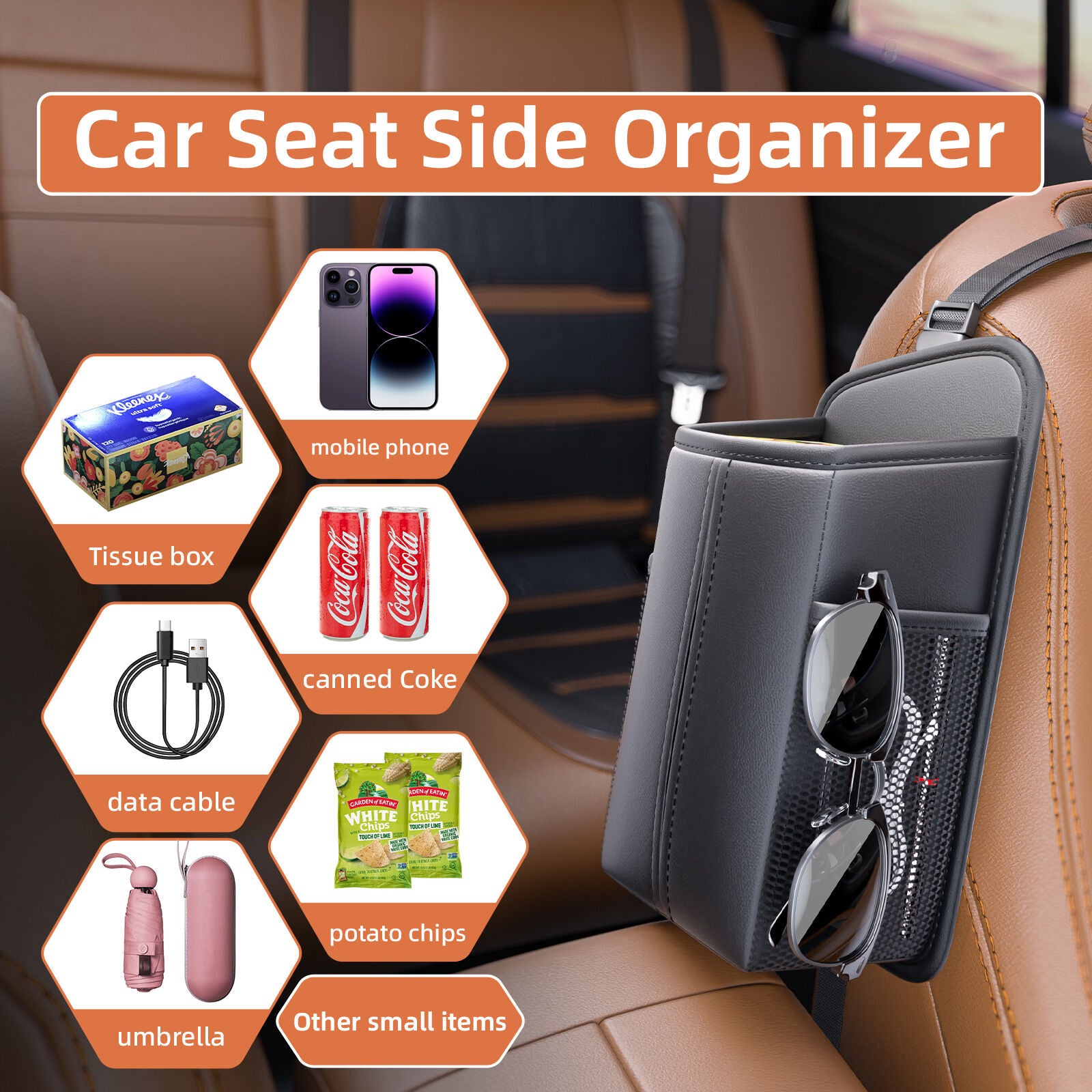 Car Seat Storage Organizer: Side-Mount Tissue Holder with Mesh Pockets - Waterproof Cup/Wallet Organizer for V1107-CS-QCZJH
