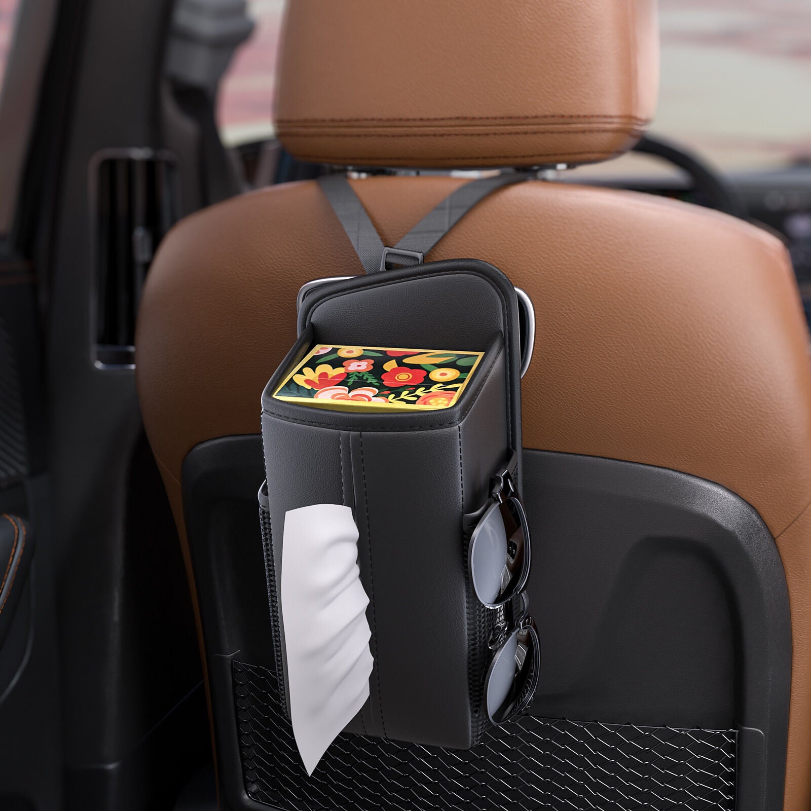 Car Seat Storage Organizer: Side-Mount Tissue Holder with Mesh Pockets - Waterproof Cup/Wallet Organizer for V1107-CS-QCZJH