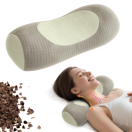 Organic Buckwheat Cervical Pillow - Ergonomic Neck Support for Side and Back Sleepers, Adjustable Firmness V1107-CS-QMZT
