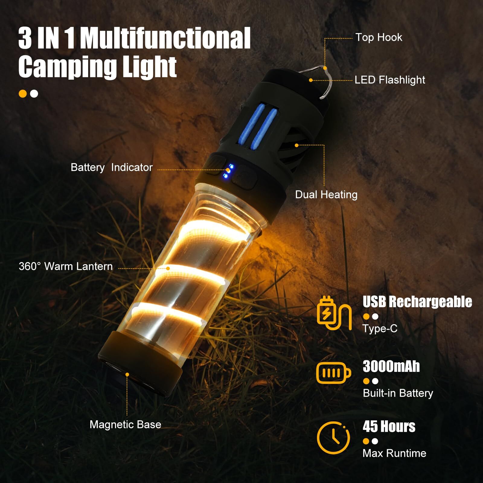 Rechargeable 3-in-1 Camping Light with Mosquito Repellent & Dual Heating - Bright Flashlight, Warm Lantern, V1107-CS-QWLYD
