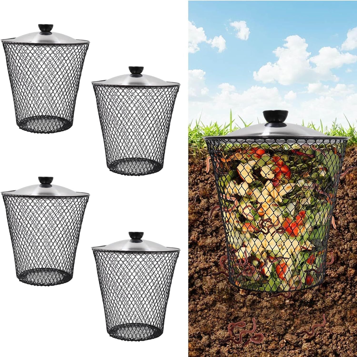 4 Pack Underground Worm Composting Bin with Lid, Metal Mesh Bucket for Organic Waste, Garden Soil Enrichment V1107-CS-QYDFT