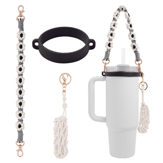 Hand-Woven Flower Water Bottle Strap with Silicone Ring 41cm/16.14 inch - Universal Cup Holder for 14oz, V1107-CS-SBGSH