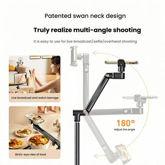 Floor Standing Phone Tripod with Swan Neck Arm - Includes Phone Clamp & Selfie Remote, Multi-Angle Stand for V1107-CS-SJZBZJ