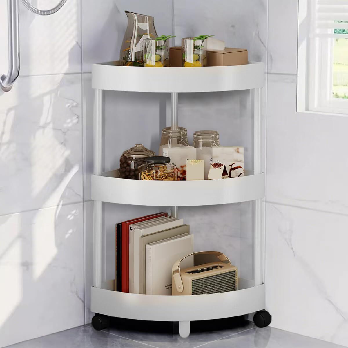 White Corner Storage Shelf - 3-Tier Rolling Organizer for Bathroom, Kitchen & Bedroom | Space-Saving Aluminum V1107-CS-SJZWJ