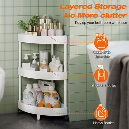 White Corner Storage Shelf - 3-Tier Rolling Organizer for Bathroom, Kitchen & Bedroom | Space-Saving Aluminum V1107-CS-SJZWJ