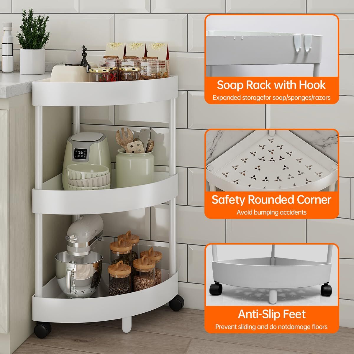 White Corner Storage Shelf - 3-Tier Rolling Organizer for Bathroom, Kitchen & Bedroom | Space-Saving Aluminum V1107-CS-SJZWJ