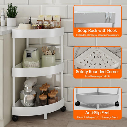 White Corner Storage Shelf - 3-Tier Rolling Organizer for Bathroom, Kitchen & Bedroom | Space-Saving Aluminum V1107-CS-SJZWJ