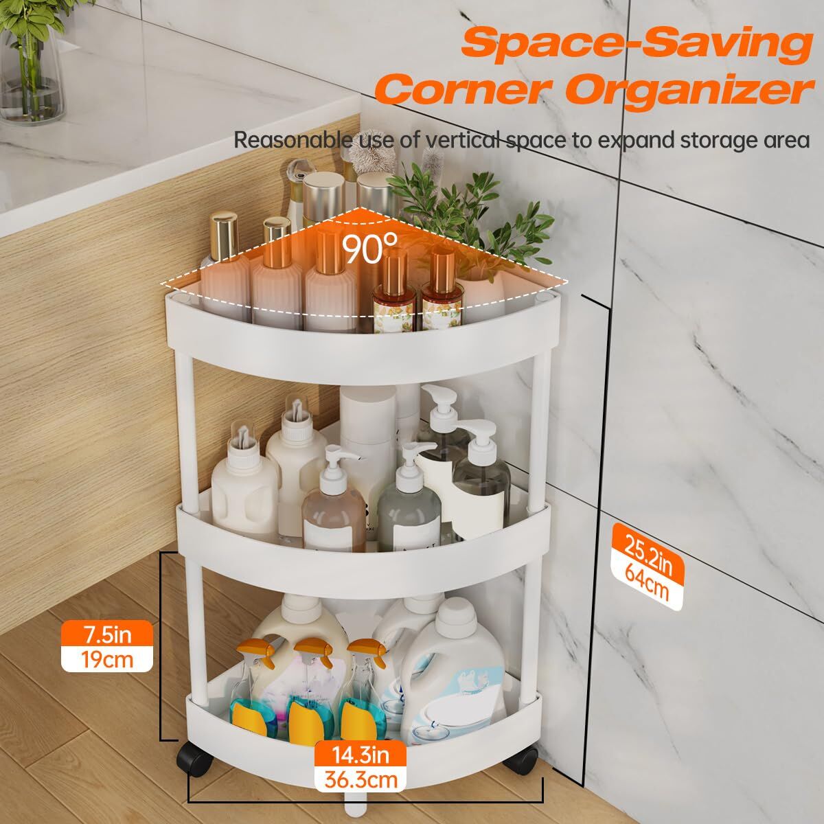White Corner Storage Shelf - 3-Tier Rolling Organizer for Bathroom, Kitchen & Bedroom | Space-Saving Aluminum V1107-CS-SJZWJ