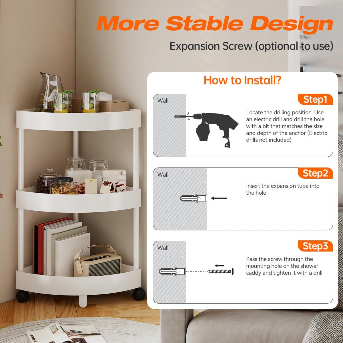 White Corner Storage Shelf - 3-Tier Rolling Organizer for Bathroom, Kitchen & Bedroom | Space-Saving Aluminum V1107-CS-SJZWJ