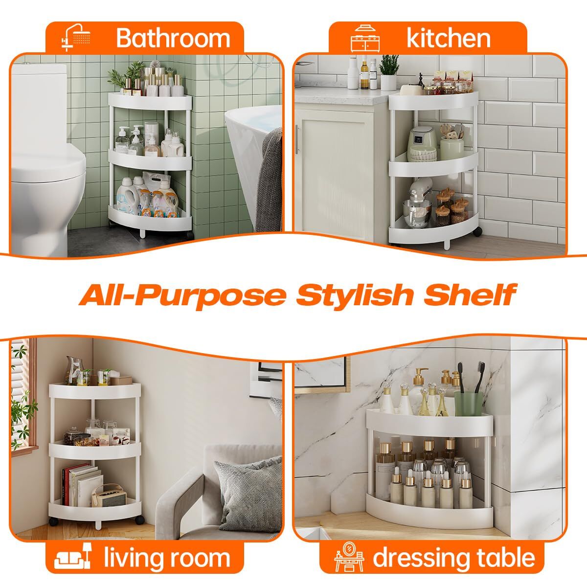 White Corner Storage Shelf - 3-Tier Rolling Organizer for Bathroom, Kitchen & Bedroom | Space-Saving Aluminum V1107-CS-SJZWJ