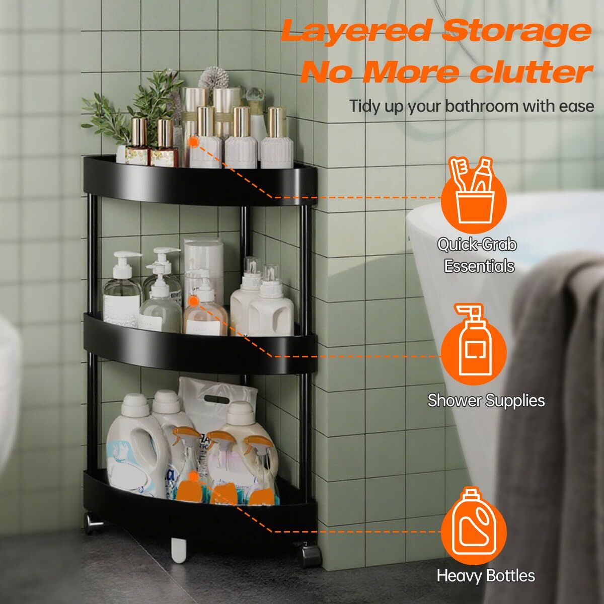 Black Corner Storage Shelf - 3-Tier Rolling Organizer for Bathroom, Kitchen & Bedroom | Space-Saving Aluminum V1107-CS-SJZWJ1