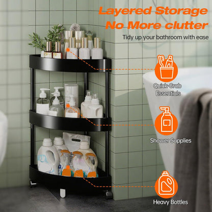 Black Corner Storage Shelf - 3-Tier Rolling Organizer for Bathroom, Kitchen & Bedroom | Space-Saving Aluminum V1107-CS-SJZWJ1