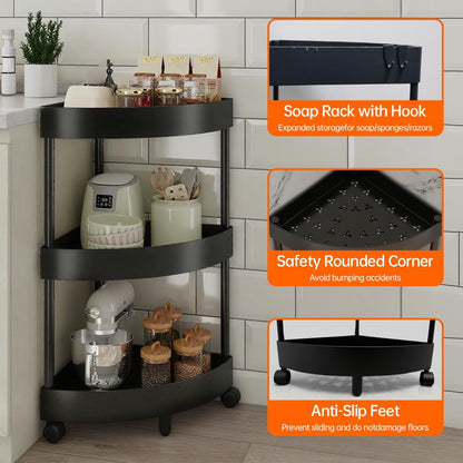 Black Corner Storage Shelf - 3-Tier Rolling Organizer for Bathroom, Kitchen & Bedroom | Space-Saving Aluminum V1107-CS-SJZWJ1