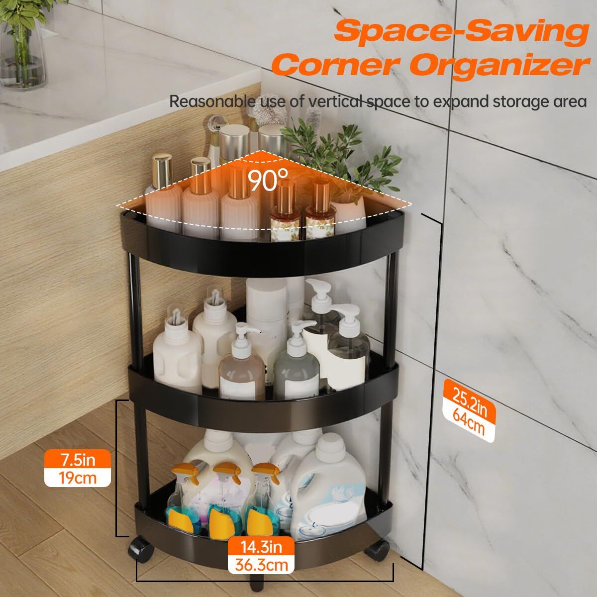 Black Corner Storage Shelf - 3-Tier Rolling Organizer for Bathroom, Kitchen & Bedroom | Space-Saving Aluminum V1107-CS-SJZWJ1