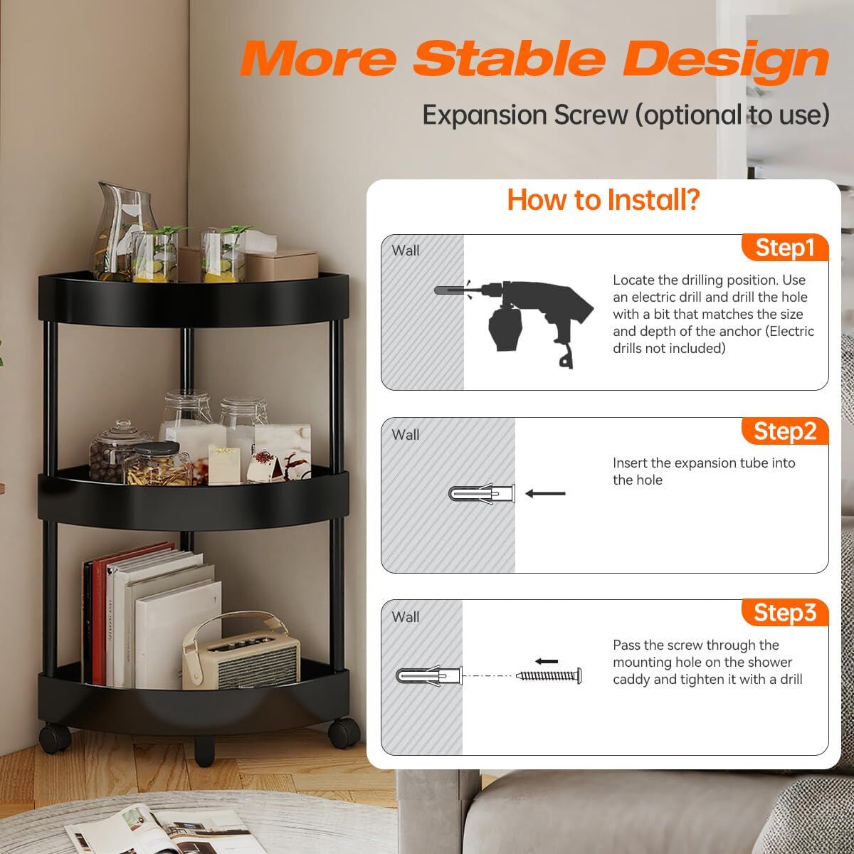 Black Corner Storage Shelf - 3-Tier Rolling Organizer for Bathroom, Kitchen & Bedroom | Space-Saving Aluminum V1107-CS-SJZWJ1