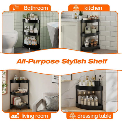 Black Corner Storage Shelf - 3-Tier Rolling Organizer for Bathroom, Kitchen & Bedroom | Space-Saving Aluminum V1107-CS-SJZWJ1
