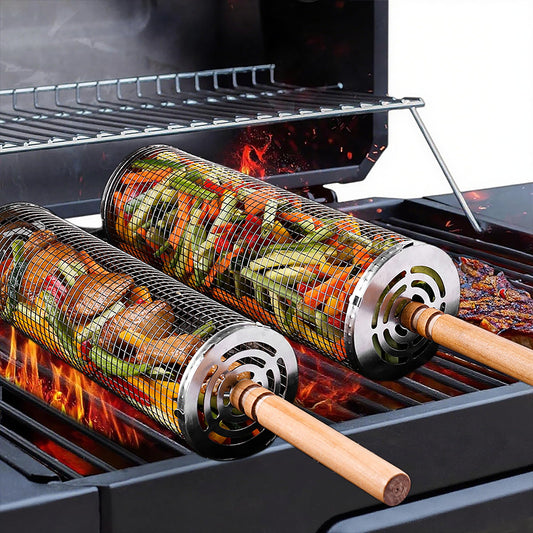 Rolling Grill Basket Set with Removable Wooden Handle - 304 Stainless Steel BBQ Rotating Cage for Meat, V1107-CS-SKL