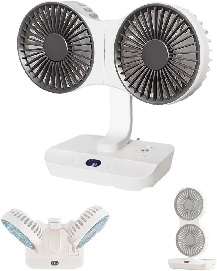 Dual-Head Auto-Oscillating Desktop Fan for Office & Bedroom, USB Rechargeable Portable Cooling with LED V1107-CS-SMYTFS