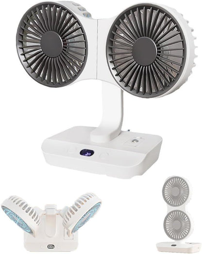 Dual-Head Auto-Oscillating Desktop Fan for Office & Bedroom, USB Rechargeable Portable Cooling with LED V1107-CS-SMYTFS