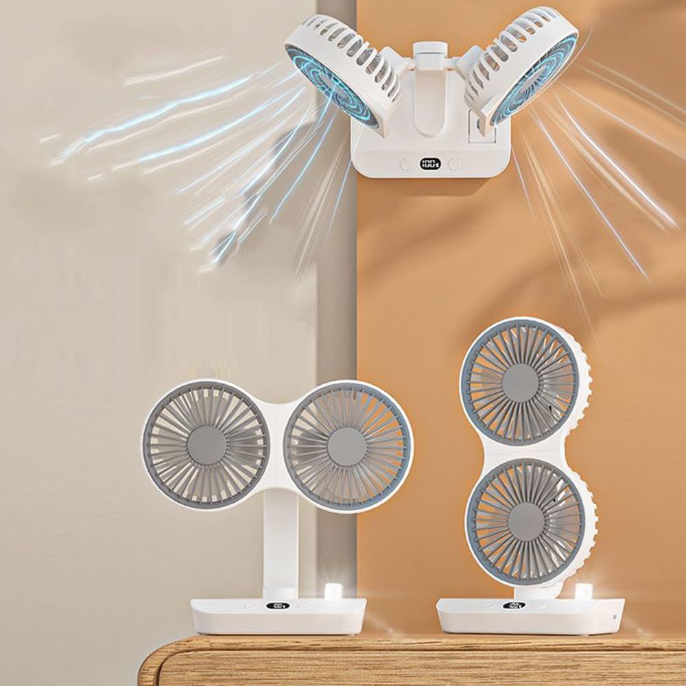 Dual-Head Auto-Oscillating Desktop Fan for Office & Bedroom, USB Rechargeable Portable Cooling with LED V1107-CS-SMYTFS