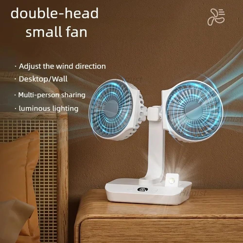 Dual-Head Auto-Oscillating Desktop Fan for Office & Bedroom, USB Rechargeable Portable Cooling with LED V1107-CS-SMYTFS