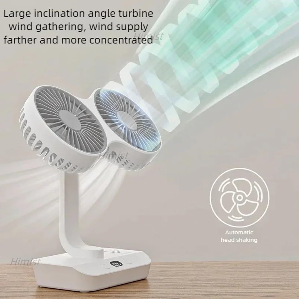 Dual-Head Auto-Oscillating Desktop Fan for Office & Bedroom, USB Rechargeable Portable Cooling with LED V1107-CS-SMYTFS