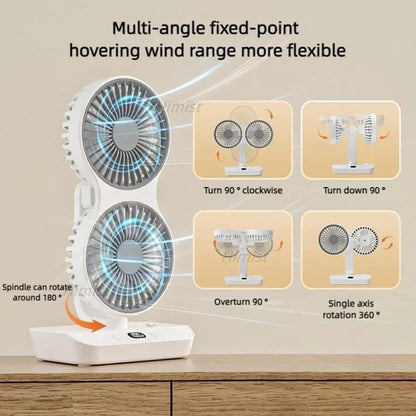 Dual-Head Auto-Oscillating Desktop Fan for Office & Bedroom, USB Rechargeable Portable Cooling with LED V1107-CS-SMYTFS