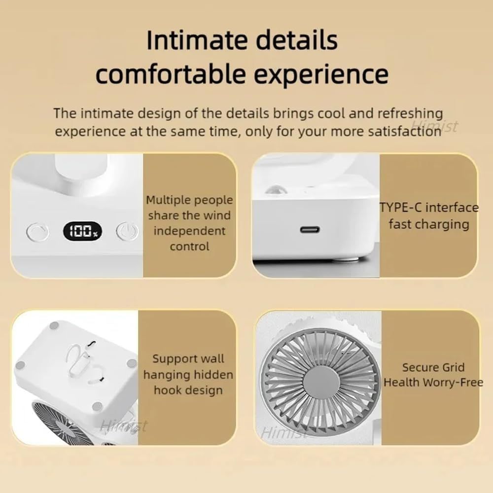Dual-Head Auto-Oscillating Desktop Fan for Office & Bedroom, USB Rechargeable Portable Cooling with LED V1107-CS-SMYTFS
