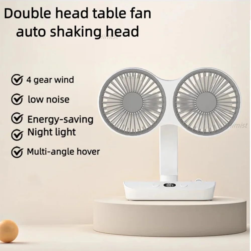 Dual-Head Auto-Oscillating Desktop Fan for Office & Bedroom, USB Rechargeable Portable Cooling with LED V1107-CS-SMYTFS