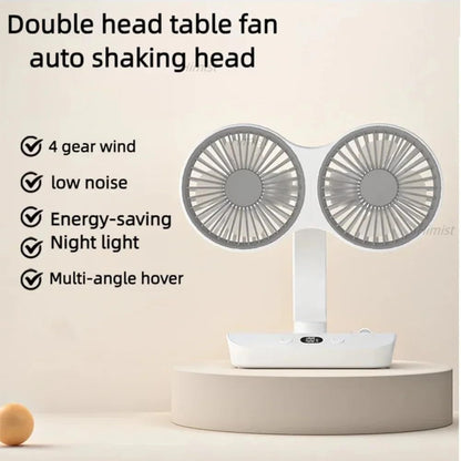 Dual-Head Auto-Oscillating Desktop Fan for Office & Bedroom, USB Rechargeable Portable Cooling with LED V1107-CS-SMYTFS