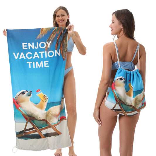 Dual-Function Foldable Beach Towel with Built-in Backpack - Soft Microfiber Towel & Compact Carry Bag in One, V1107-CS-STJ2