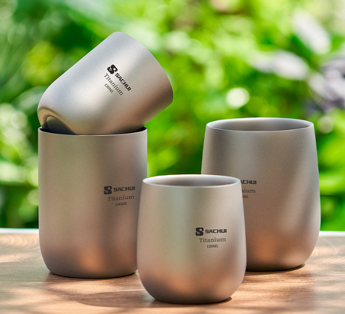 4-Piece Pure Titanium Cup Set - Double-Walled, Lightweight, Stackable Outdoor Drinking Cups for Camping, V1107-CS-THJBSJT