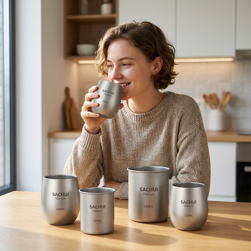 4-Piece Pure Titanium Cup Set - Double-Walled, Lightweight, Stackable Outdoor Drinking Cups for Camping, V1107-CS-THJBSJT