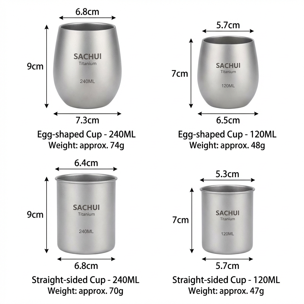 4-Piece Pure Titanium Cup Set - Double-Walled, Lightweight, Stackable Outdoor Drinking Cups for Camping, V1107-CS-THJBSJT