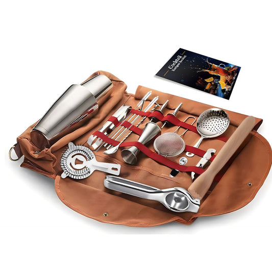 Professional 17-Piece Stainless Steel Cocktail Shaker Set with Canvas Carry Case - Complete Bar Tools Kit for V1107-CS-TJQTZ