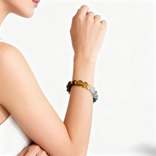8mm Natural Stone Wealth Bracelet for Women & Men - Tiger Eye, Citrine, Malachite, Aquamarine Beaded Stretch V1107-CS-TRSSL