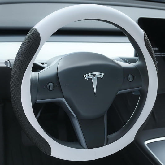 Premium Nappa-Style Steering Wheel Cover for Tesla Model 3 (2016-2025) and Model Y (2020-2026), Two-Tone V1107-CS-TSLFXPT