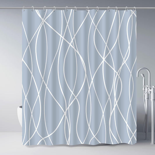 Modern Abstract Wavy Line Shower Curtain Set, Waterproof Fabric with Weighted Bottom & 12 Hooks, Hotel Style V1107-CS-TWYSYLL