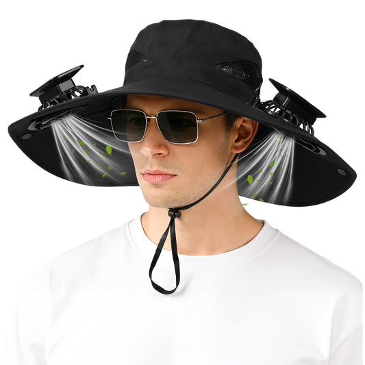 Solar-Powered Dual-Fan Sun Hat - UPF 50+ Wide-Brim Outdoor Hat with 2 USB/Solar Rechargeable Fans, Adjustable V1107-CS-TYNFSMZH