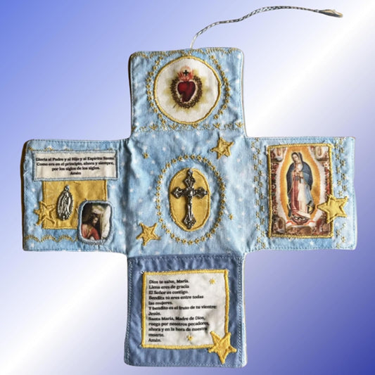 Mini Handcrafted Catholic Pocket Shrine - Foldable Prayer Altar with Silver Cross, Religious Art & V1107-CS-TZJSGSKL