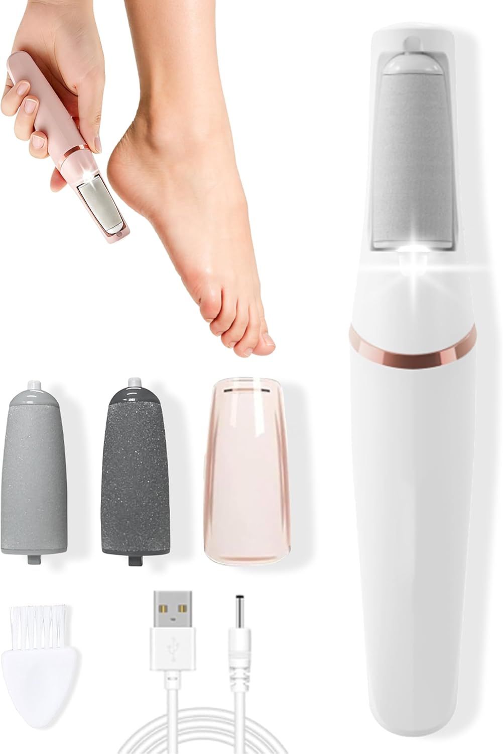 Electric Foot Care File with 2 Adjustable Speeds, 2 Interchangeable Grinding Heads, LED Light, V1107-CS-USBDDXJQB