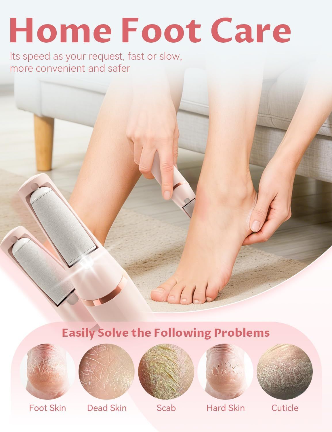 Electric Foot Care File with 2 Adjustable Speeds, 2 Interchangeable Grinding Heads, LED Light, V1107-CS-USBDDXJQB