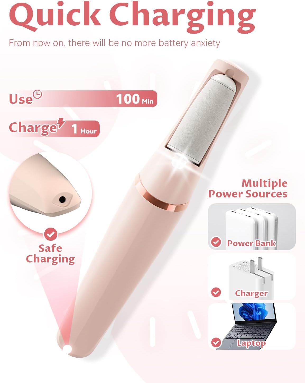 Electric Foot Care File with 2 Adjustable Speeds, 2 Interchangeable Grinding Heads, LED Light, V1107-CS-USBDDXJQB