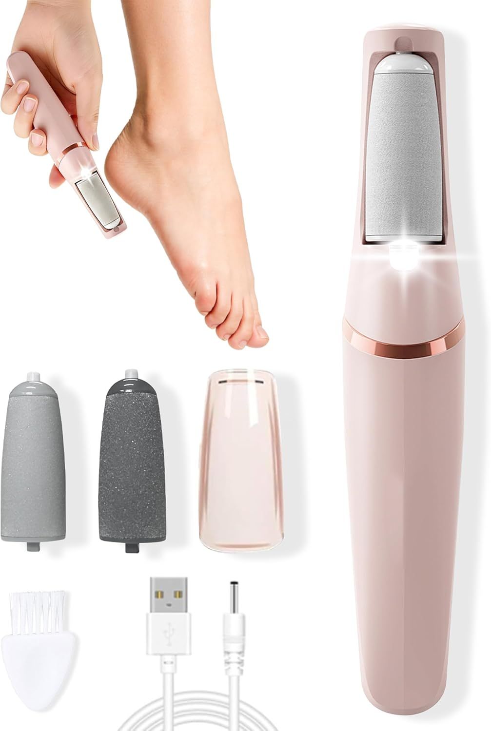 Electric Foot Care File with 2 Adjustable Speeds, 2 Interchangeable Grinding Heads, LED Light, V1107-CS-USBDDXJQF